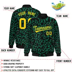 Black Kelly Green Leopard Graffiti Varsity Letterman Baseball Jacket 2