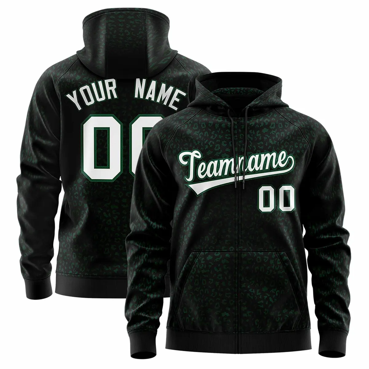 Black Kelly Green Leopard Print Varsity Full-Zip Letterman Jacket Hoodie