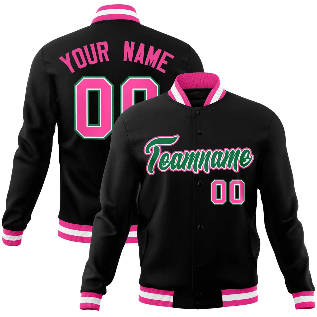 Black Kelly Green Pink Varsity Full-Snap Letterman Jacket