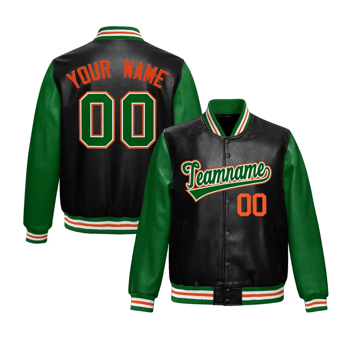Black Kelly Green Raglan Full-Snap Varsity Faux Leather Letterman Jacket