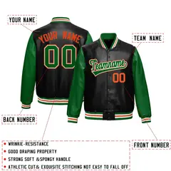 Black Kelly Green Raglan Full-Snap Varsity Faux Leather Letterman Jacket 2