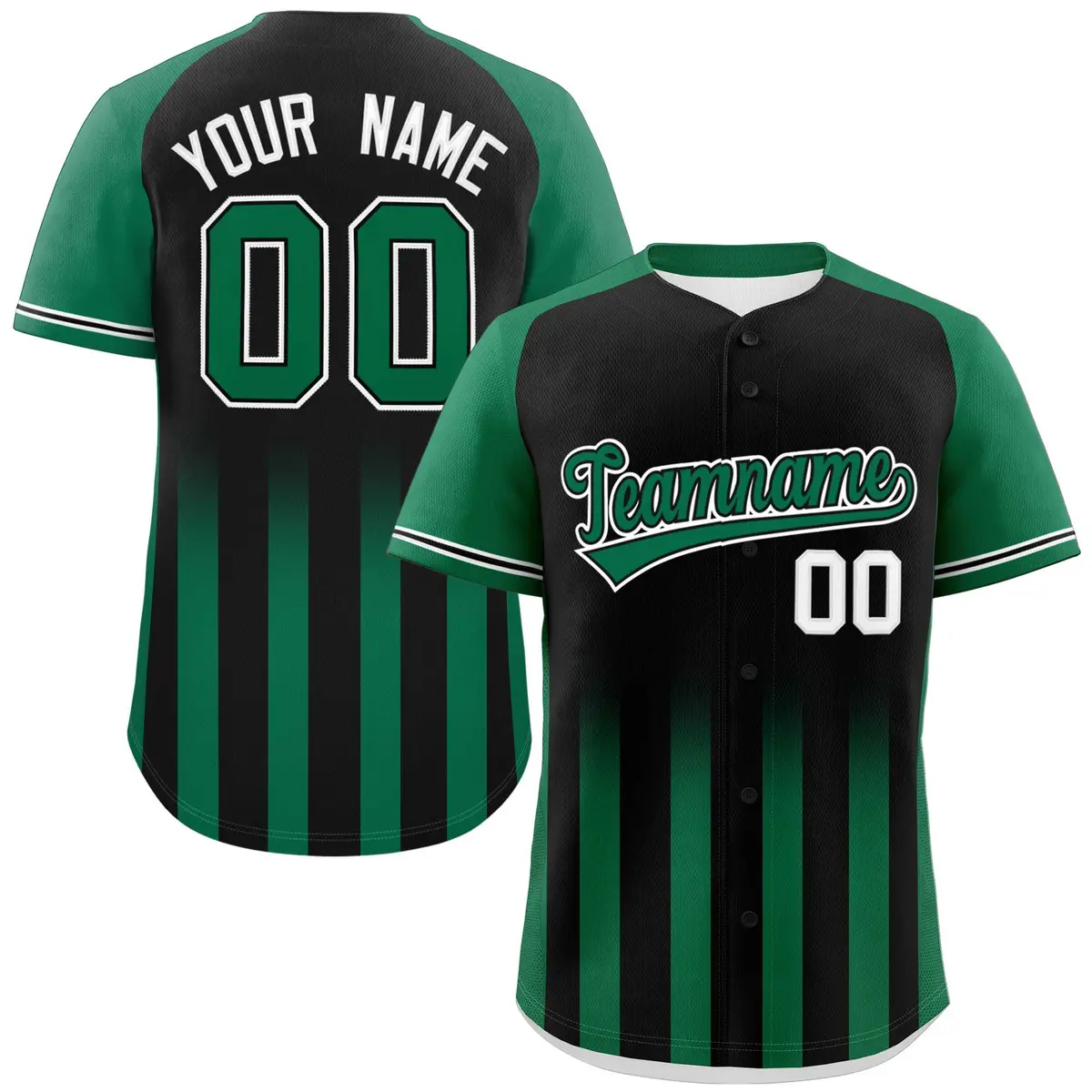 Black Kelly Green Raglan Gradient Thick Stripe Baseball Jersey