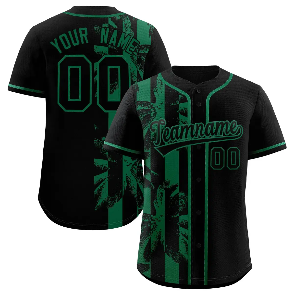 Black Kelly Green Split Coconut Tree Design Baseball Jersey