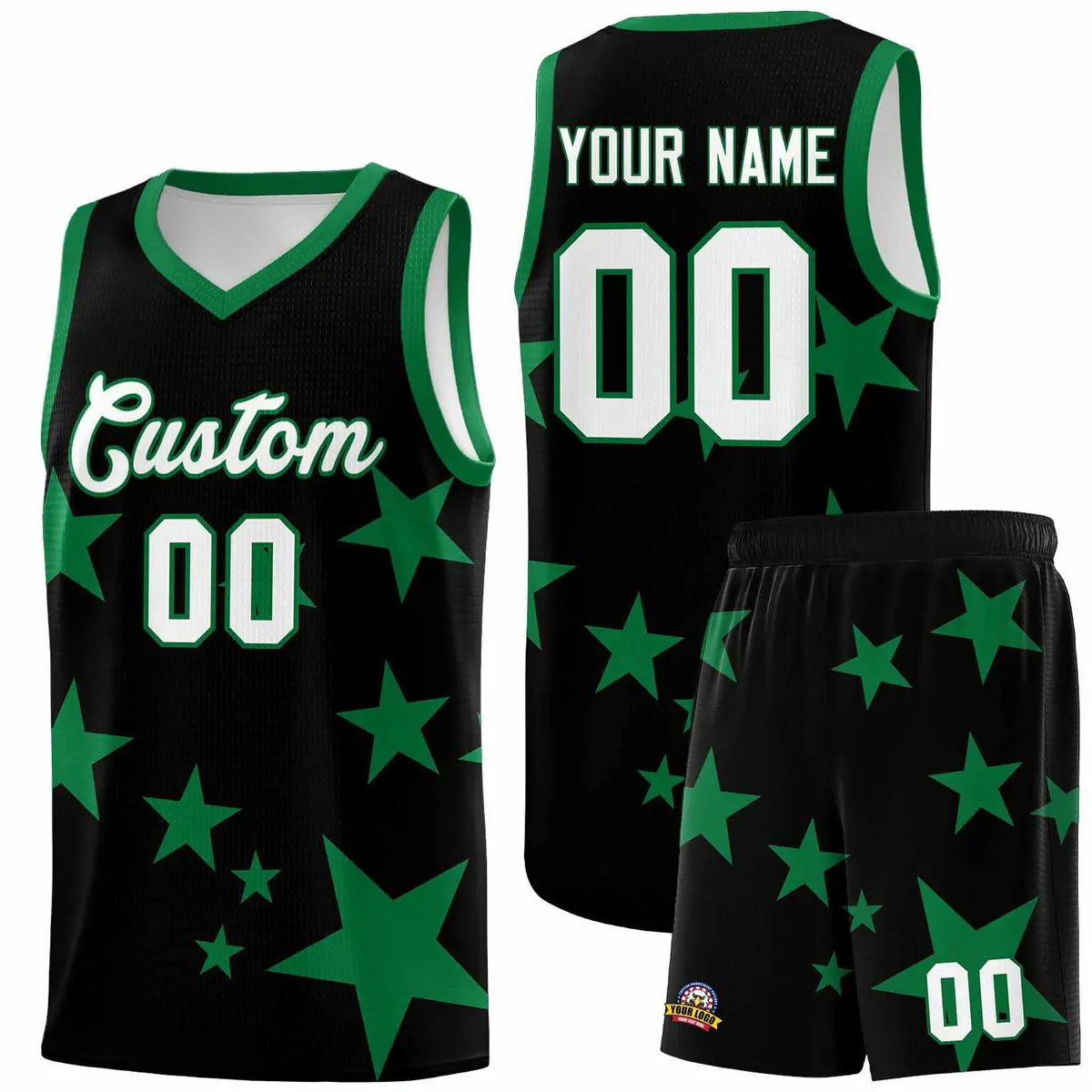 Black Kelly Green Star Print Graffiti Basketball Jersey Sets