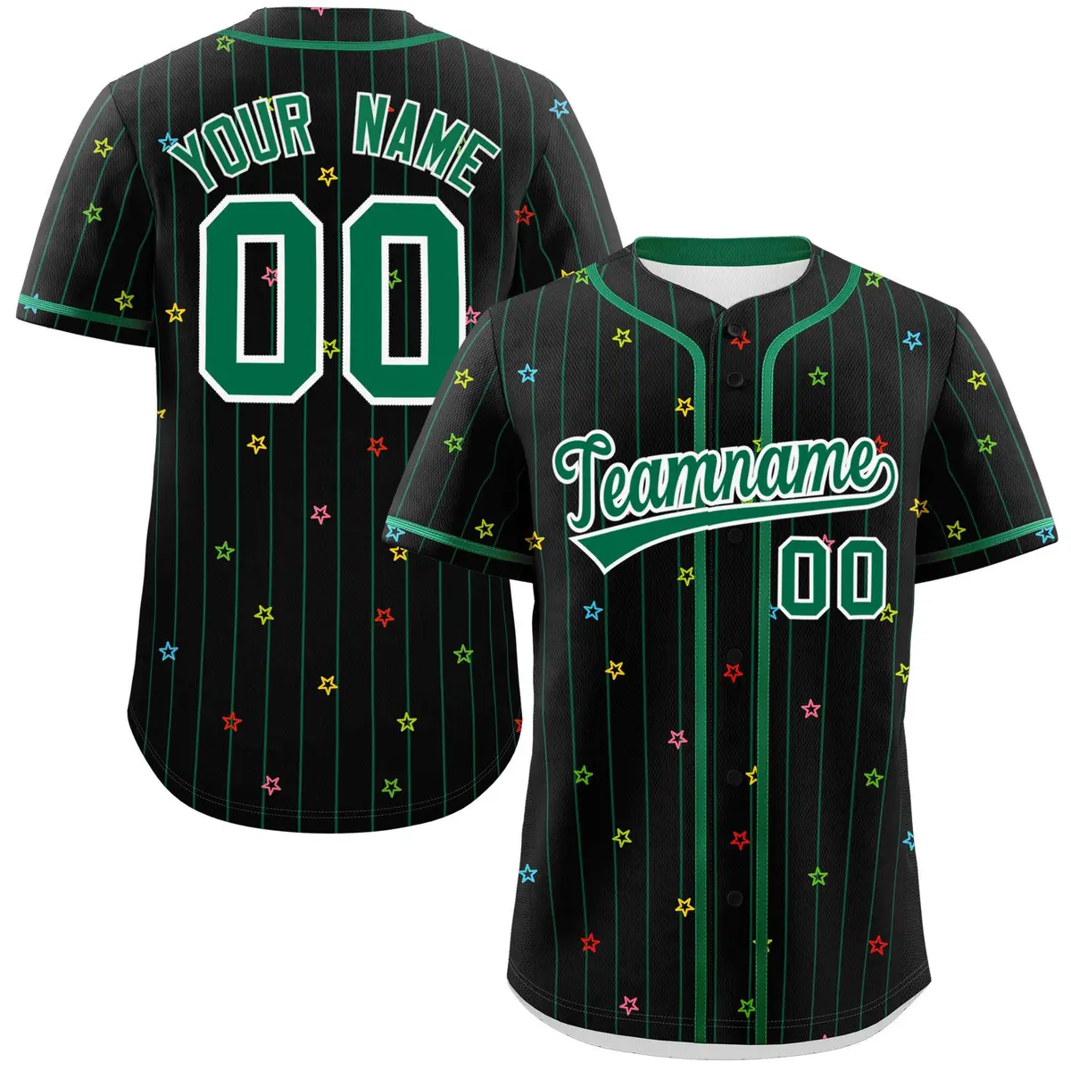 Black Kelly Green Stripe Star Pattern Baseball Jersey