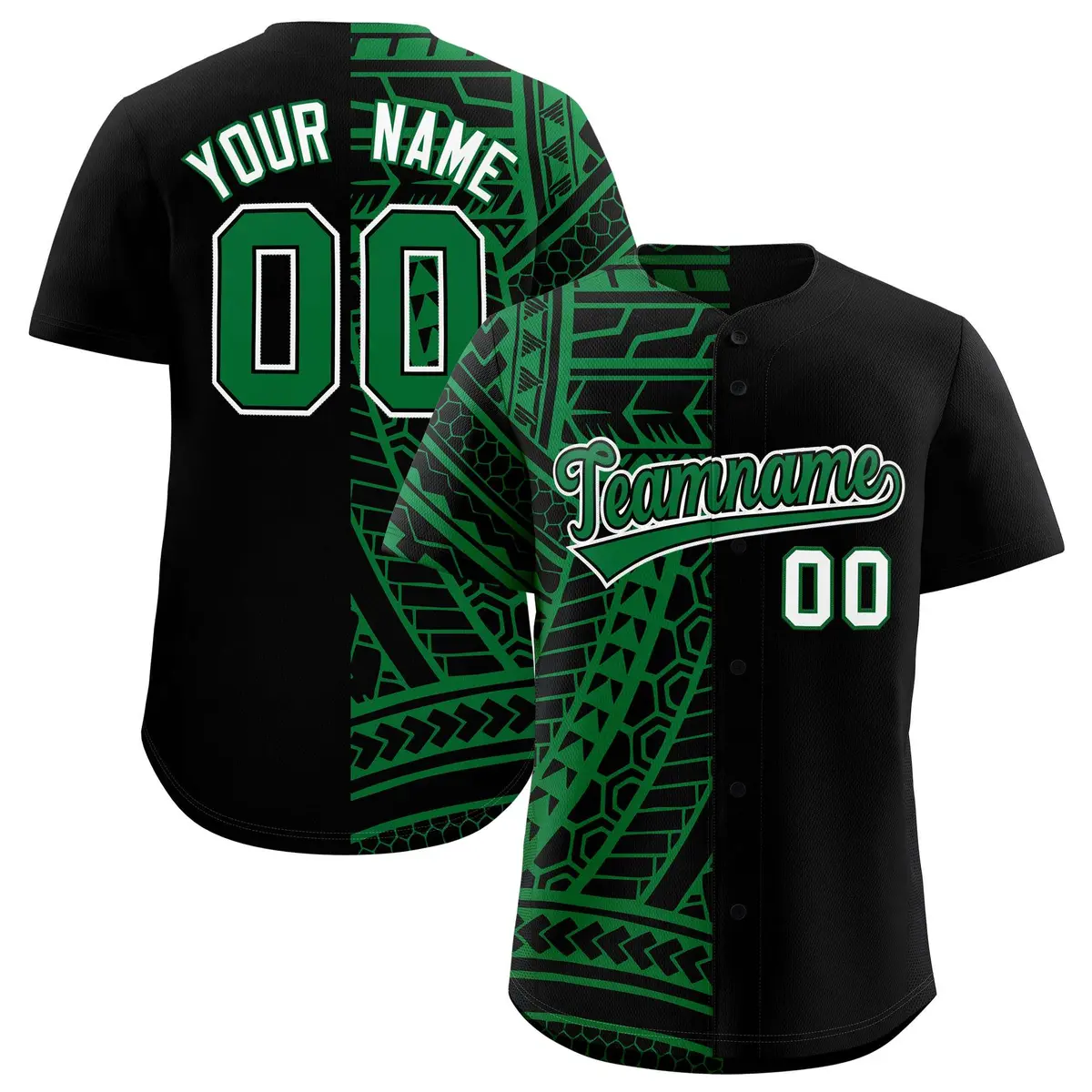 Black Kelly Green Tribal Split Baseball Jersey