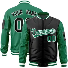 Black Kelly Green Two-Tone Varsity Letterman Bomber Jacket