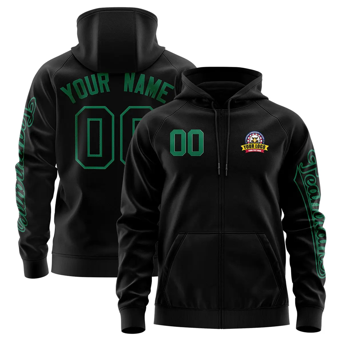 Black Kelly Green Varsity Full-Zip Letterman Jacket Hoodie