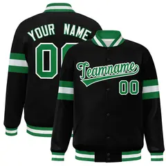 Black Kelly Green-White Color Block Full-Snap Varsity Bomber Jacket