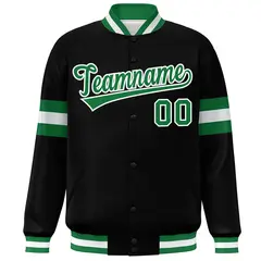 Black Kelly Green-White Color Block Full-Snap Varsity Bomber Jacket 3
