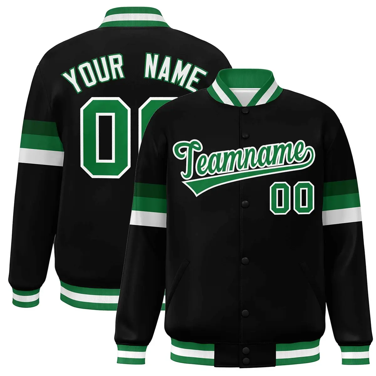 Black Kelly Green-White Color Block Full-Snap Varsity Bomber Jacket