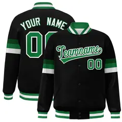 Black Kelly Green-White Color Block Full-Snap Varsity Bomber Jacket 1