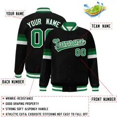 Black Kelly Green-White Color Block Full-Snap Varsity Bomber Jacket 2