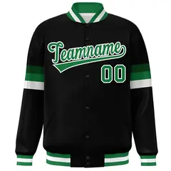 Black Kelly Green-White Color Block Full-Snap Varsity Bomber Jacket 3