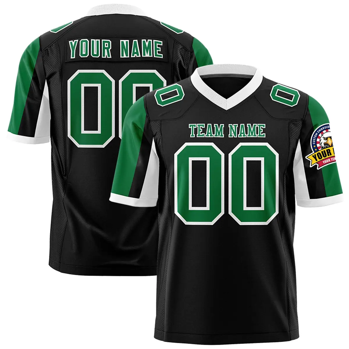 Black Kelly Green-White Color Block Raglan Sleeves Football Jersey