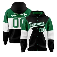 Black Kelly Green-White Color Block Varsity Full-Snap Letterman Jacket Hoodie