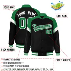 Black Kelly Green-White Color Block Varsity Letterman Jacket 2