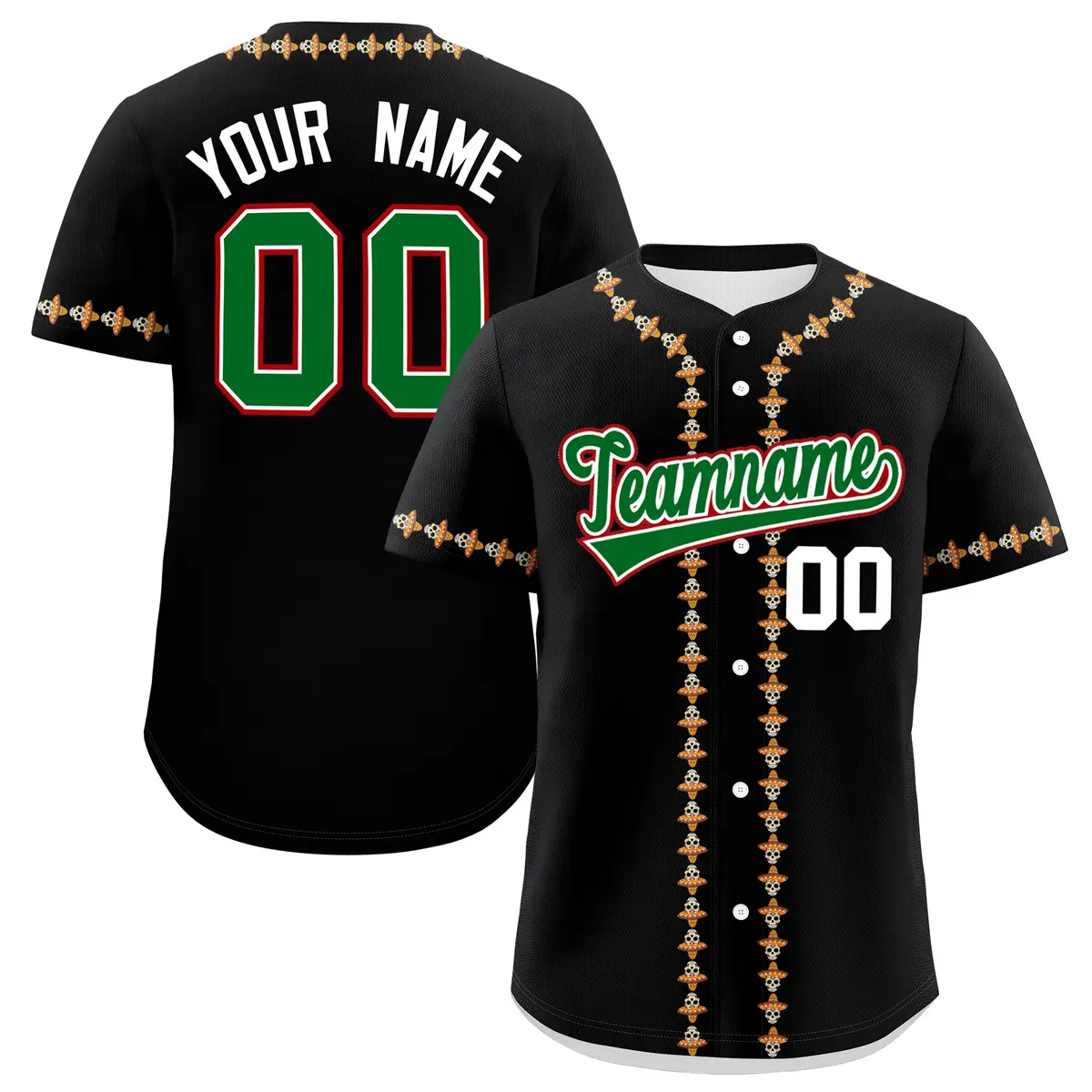 Black Kelly Green White Graffiti Mexican Style Baseball Jersey