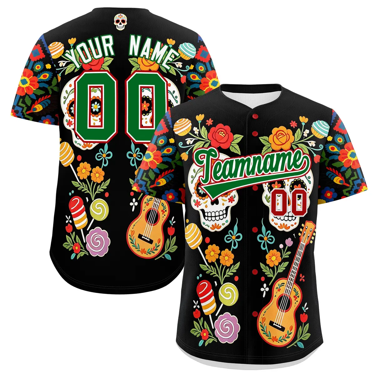 Black Kelly Green White Graffiti Mexican Style Baseball Jersey