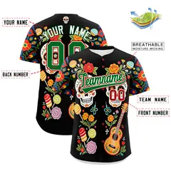 Black Kelly Green White Graffiti Mexican Style Baseball Jersey 3