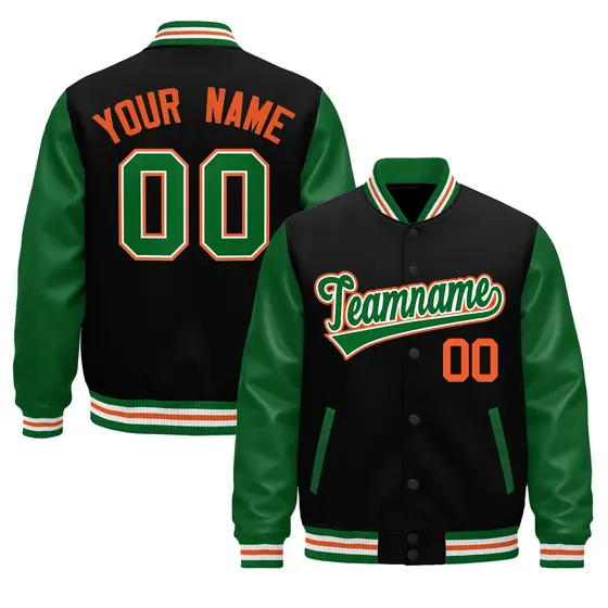 Black Kelly Green White Orange Varsity Full-Snap Letterman Jacket