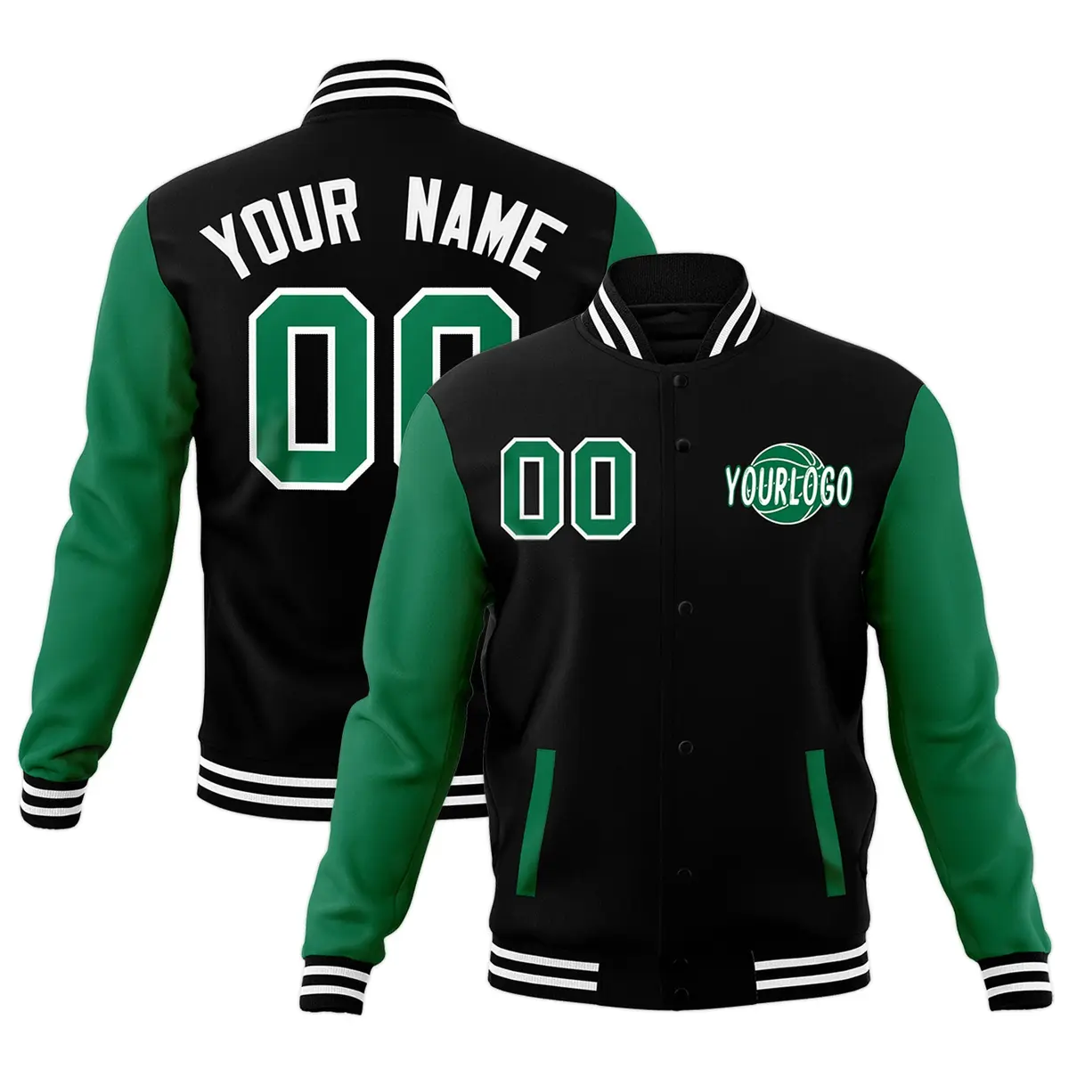 Black Kelly Green White Raglan Letterman Cotton Jacket