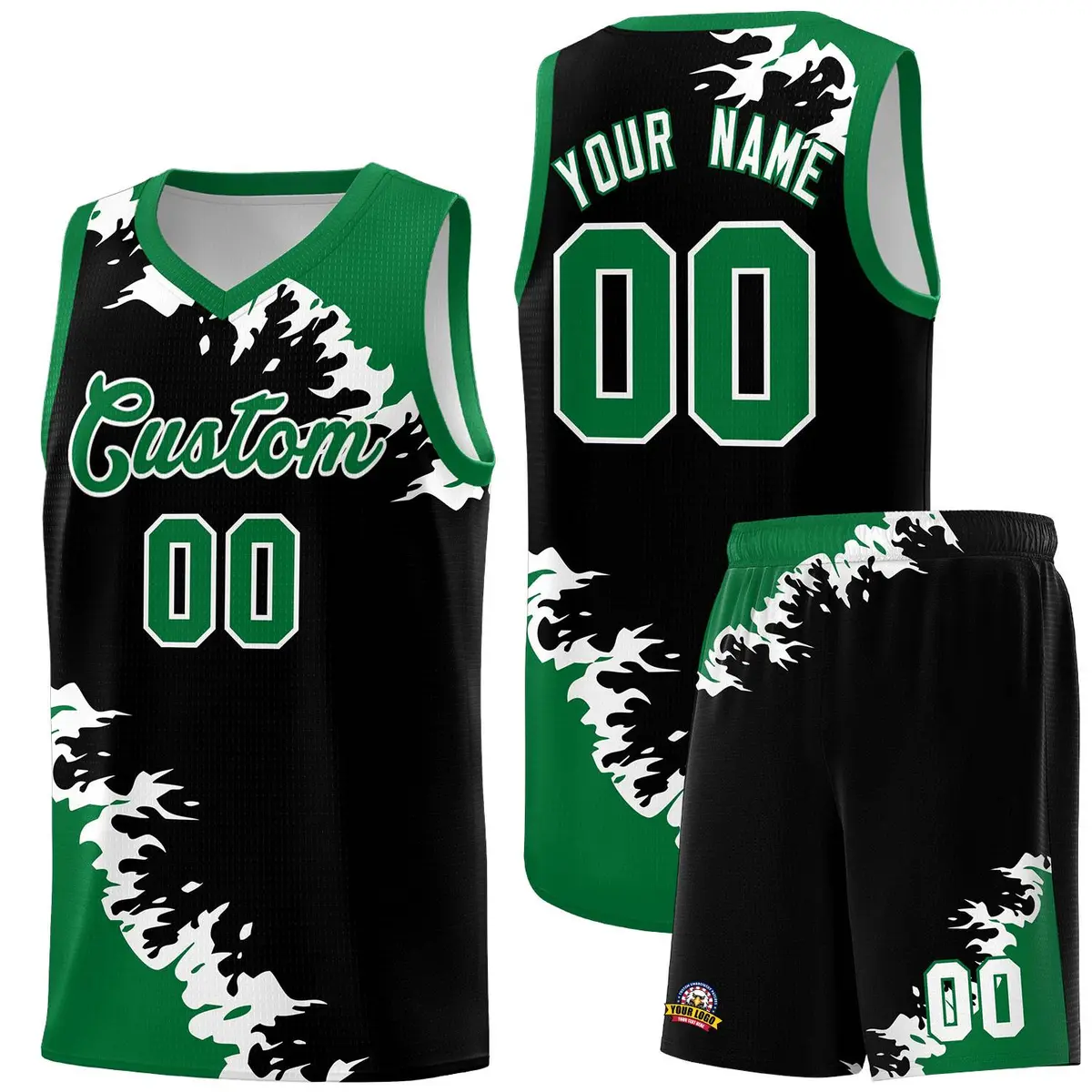 Black Kelly Green-White Sparkle Pattern Basketball Kits