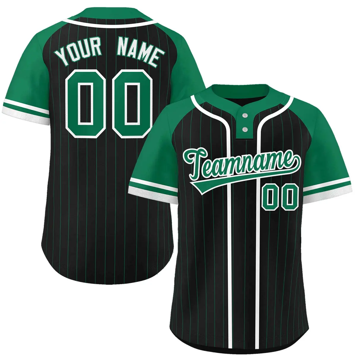 Black Kelly Green-White Stripe Raglan Two-Button Softball Jersey