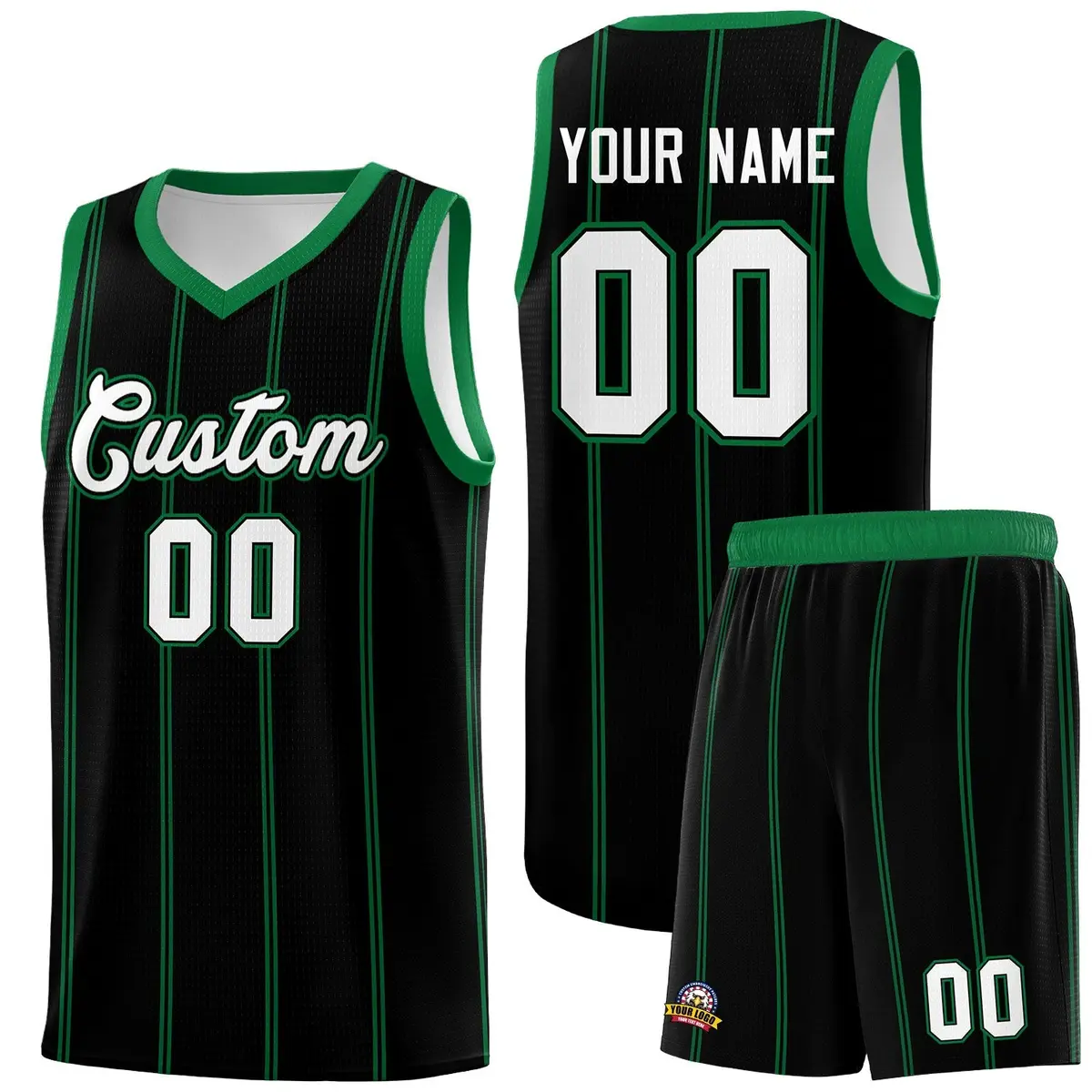 Black Kelly Green White Vertical Stripes Basketball Jersey Set