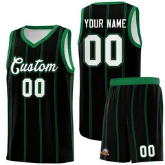Black Kelly Green White Vertical Stripes Basketball Jersey Set 1