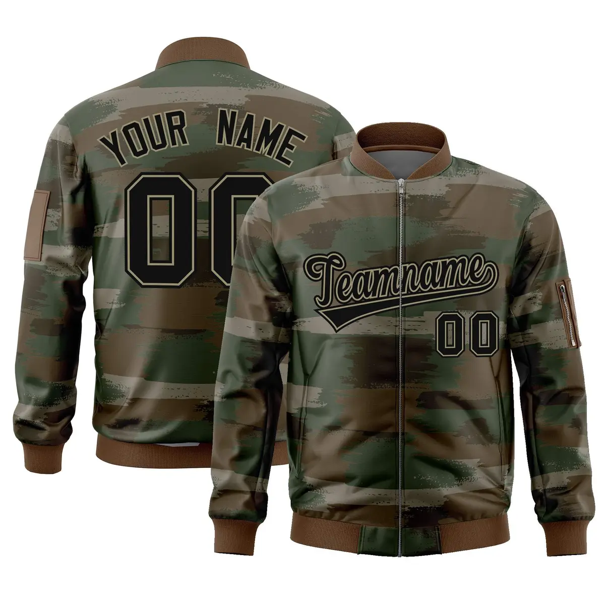 Black Khaki Camo Full-Zip Varsity Letterman Bomber Jacket