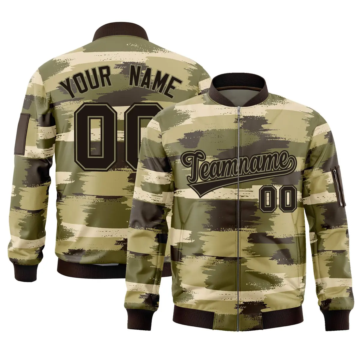Black Khaki Camo Full-Zip Varsity Letterman Bomber Jacket