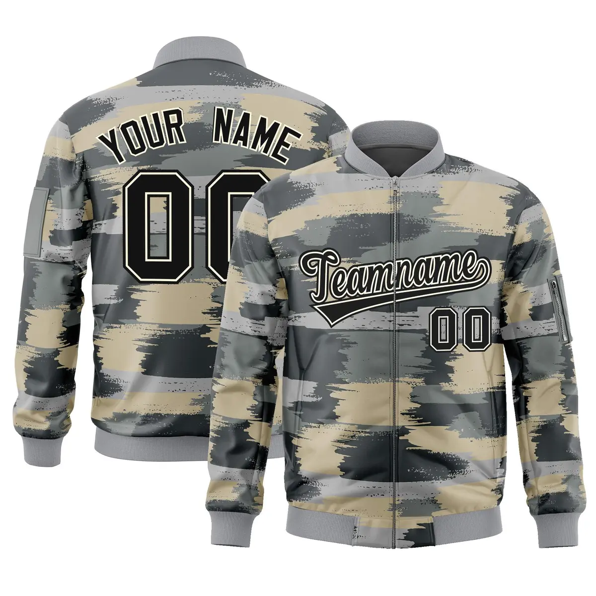 Black Khaki Camo Full-Zip Varsity Letterman Bomber Jacket