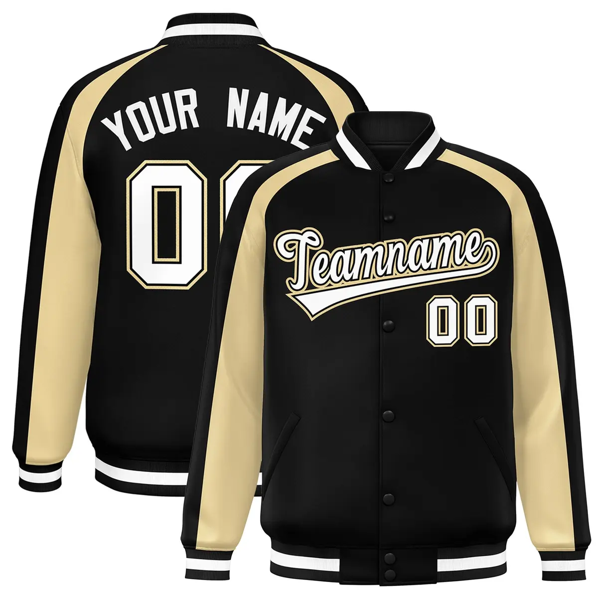 Black Khaki Color Block Raglan Varsity Letterman Jacket