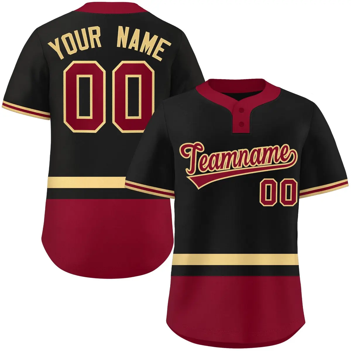 Black Khaki-Crimson Color Block Two-Button Softball Jersey