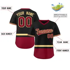 Black Khaki-Crimson Color Block V-Neck Baseball Jersey 2