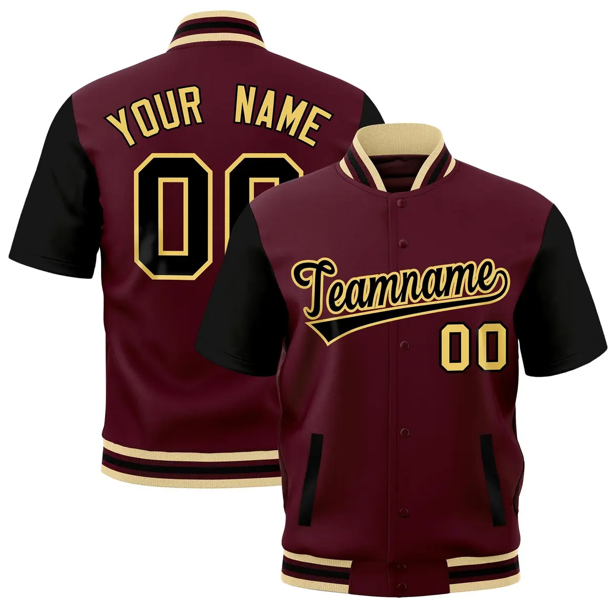 Black Khaki Crimson Full-Snap Short Sleeve Varsity Jacket