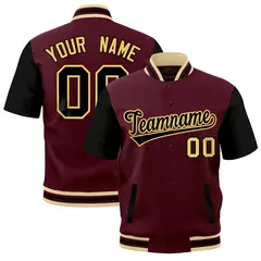 Black Khaki Crimson Full-Snap Short Sleeve Varsity Jacket 1