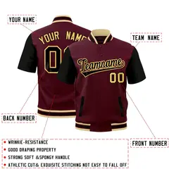 Black Khaki Crimson Full-Snap Short Sleeve Varsity Jacket 2