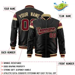 Black Khaki-Crimson Full-Zip Shoulder Color Block Varsity Letterman Bomber Jacket 2