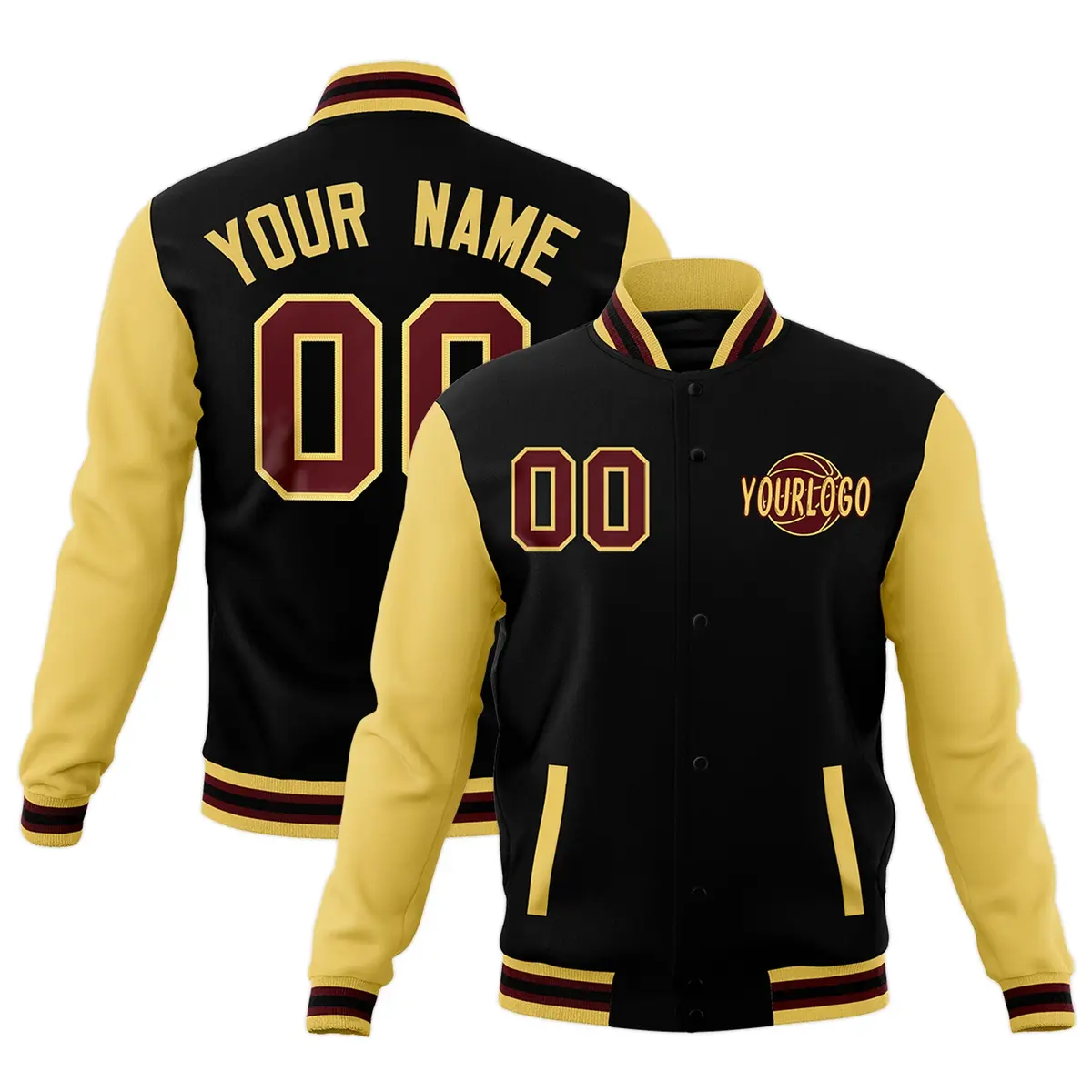 Black Khaki Crimson Raglan Sleeve Cotton Letterman Jacket