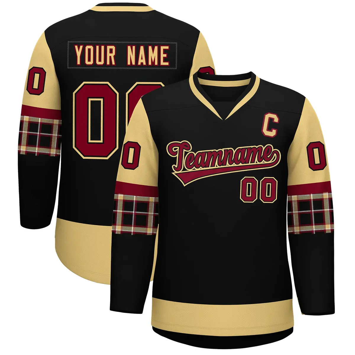 Black Khaki-Crimson Raglan Sleeves V-Neck Hockey Jersey