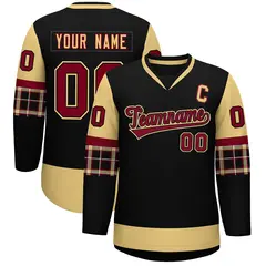 Black Khaki-Crimson Raglan Sleeves V-Neck Hockey Jersey