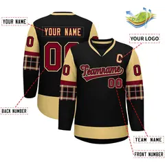 Black Khaki-Crimson Raglan Sleeves V-Neck Hockey Jersey 2
