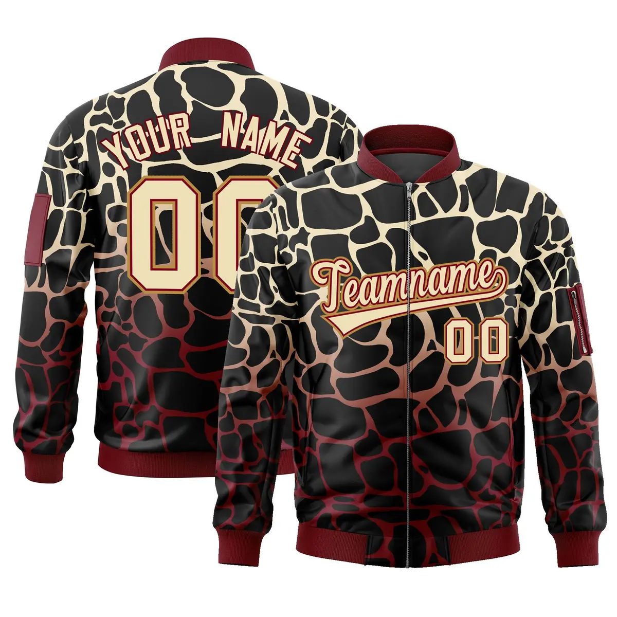 Black Khaki-Crimson Spotted Varsity Full-Zip Letterman Bomber Jacket
