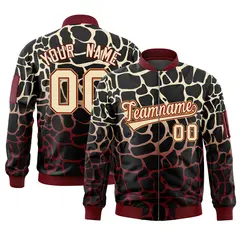 Black Khaki-Crimson Spotted Varsity Full-Zip Letterman Bomber Jacket