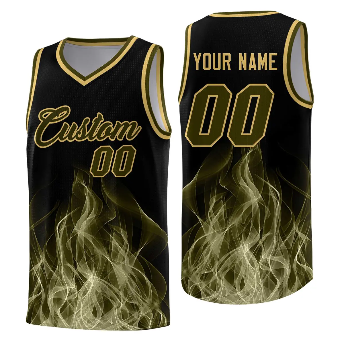Black Khaki Flame Graffiti Printed Basketball Jersey