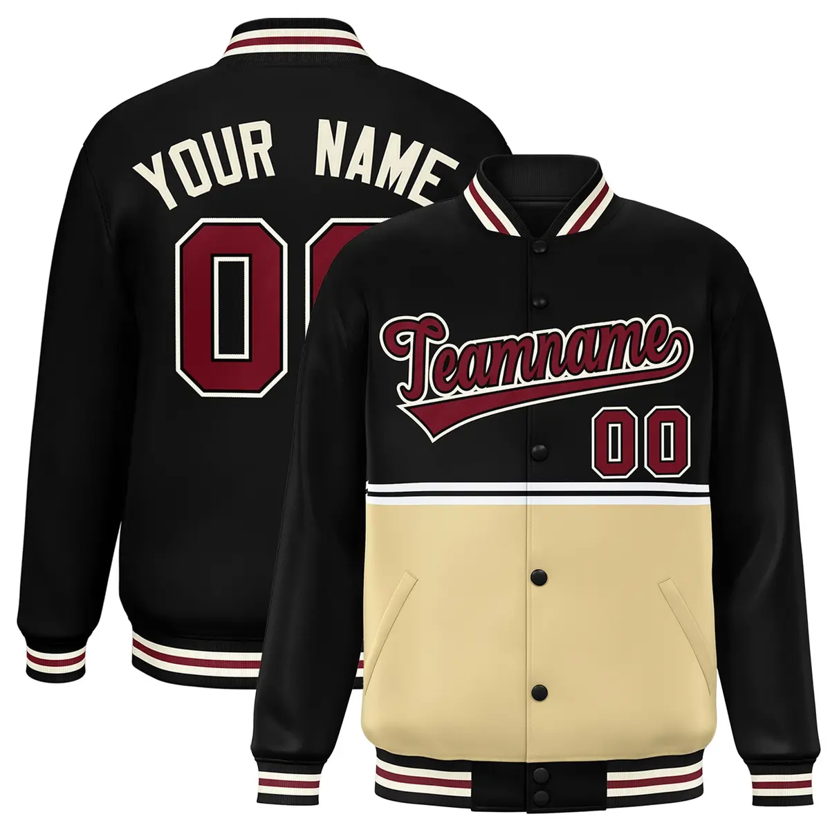Black Khaki Full-Snap Color Block Varsity Letterman Jacket