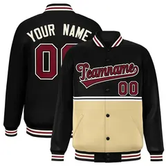 Black Khaki Full-Snap Color Block Varsity Letterman Jacket 1