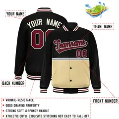 Black Khaki Full-Snap Color Block Varsity Letterman Jacket 2